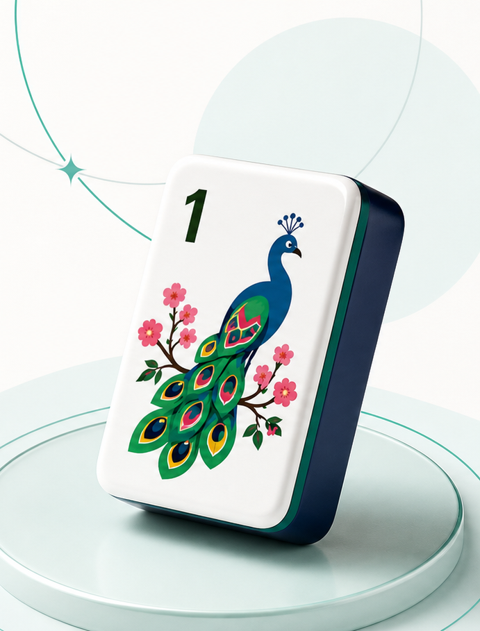 Peacock mahjong tile displayed on a pale aqua pedestal